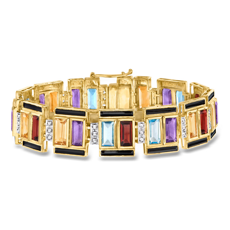 Art Deco-style gold bracelet with multicolor square gemstones and black enamel panels