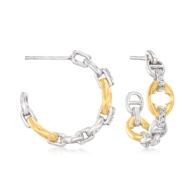 Two-tone sterling silver hoop earrings with CZ anchor-link detail and small sparkle accents