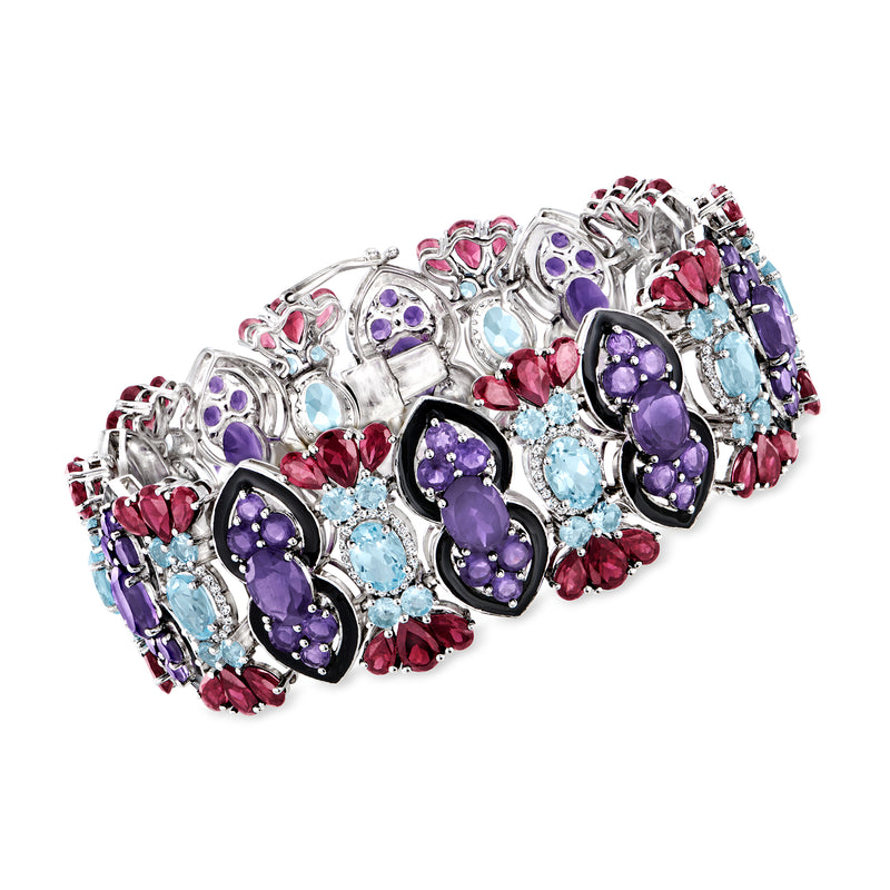 Sterling silver bracelet with purple and light blue stones, red accents, and black enamel