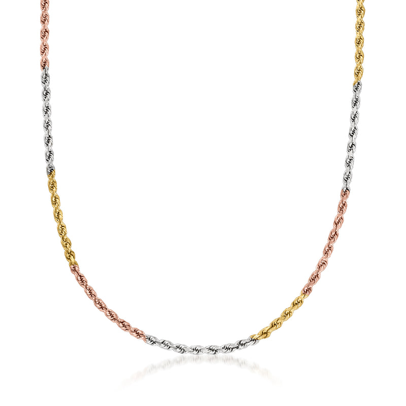 Tri-colored 14kt gold rope-chain necklace, alternating yellow, rose, and white links