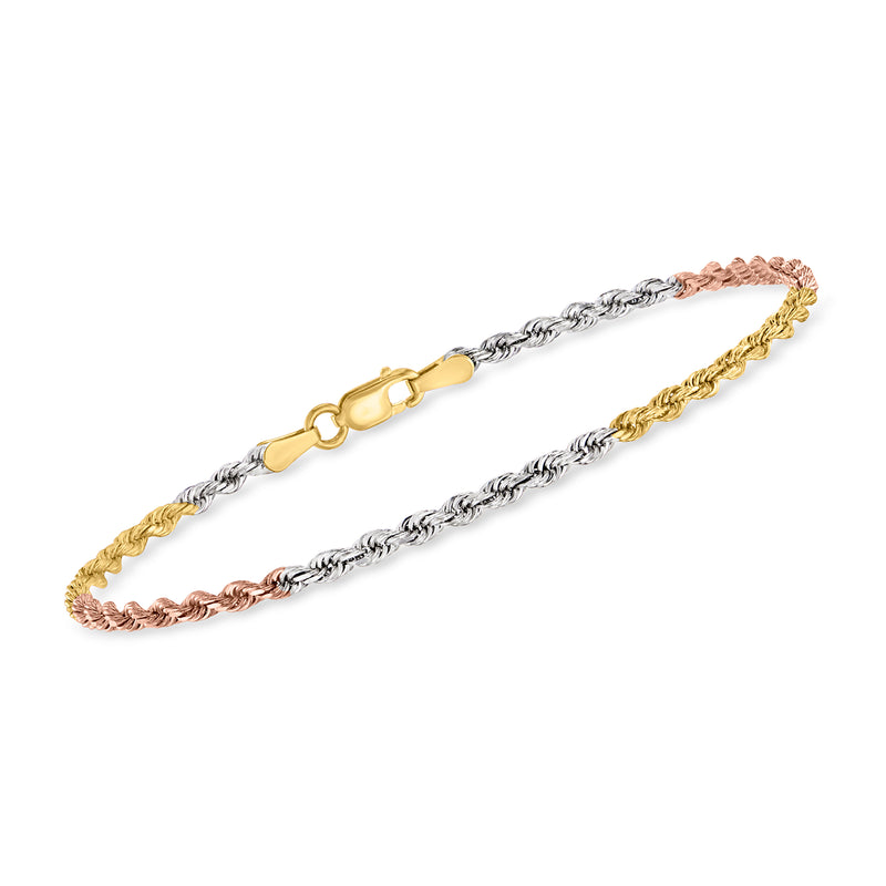 Tri-colored 14kt gold rope-chain bracelet with lobster clasp, yellow, white, rose gold.