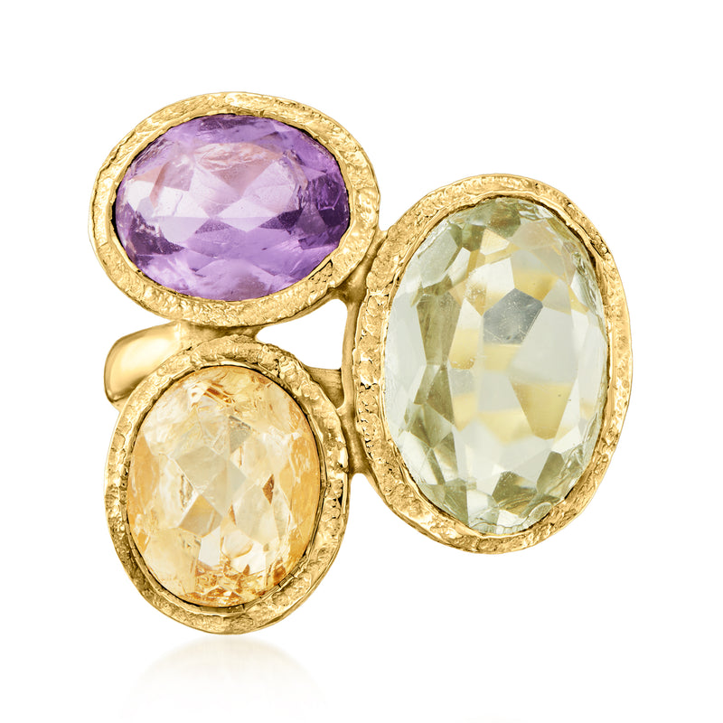 Gold-tone multi-gemstone oval ring with purple, green, and yellow stones