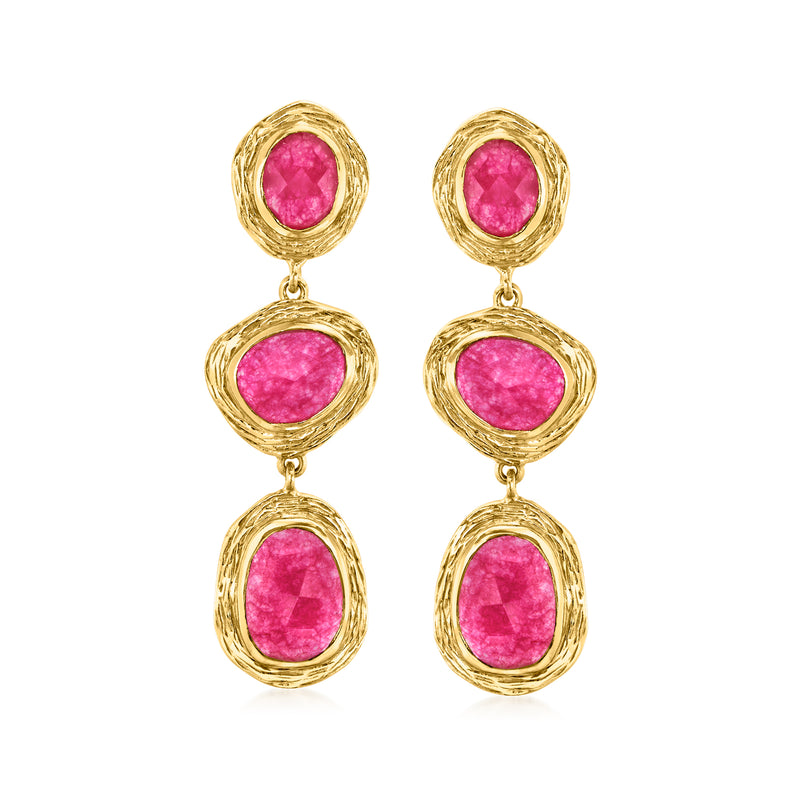 Gold over sterling drop earrings with three oval pink quartz cabochons per side