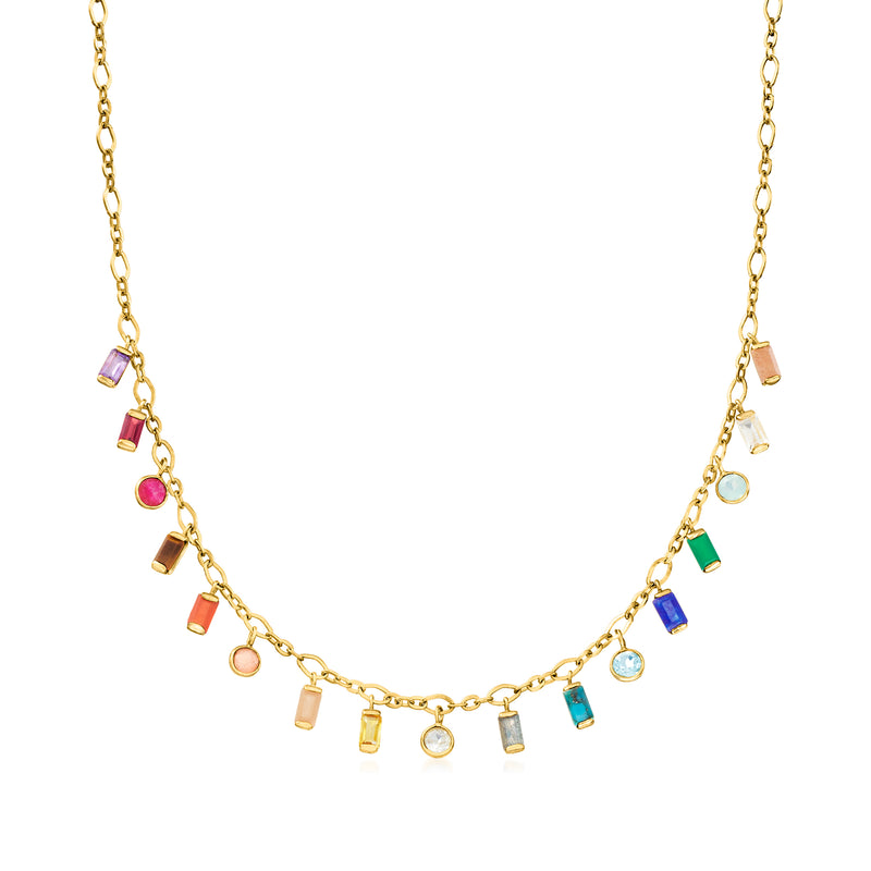 Gold-tone drop necklace with multicolor gemstone charms on a fine chain
