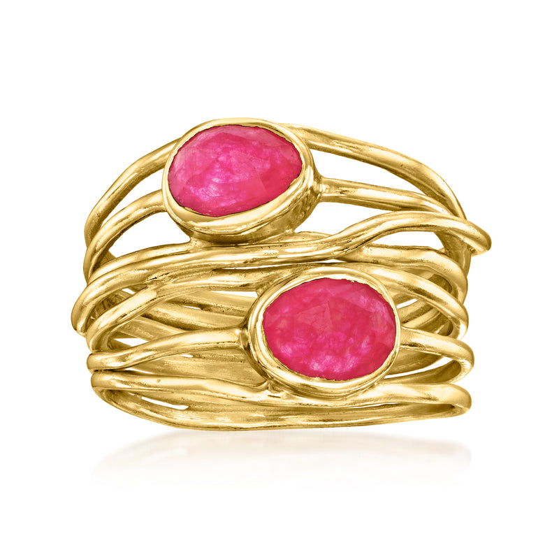 Gold over sterling highway ring with two oval pink gemstones in twisted bands