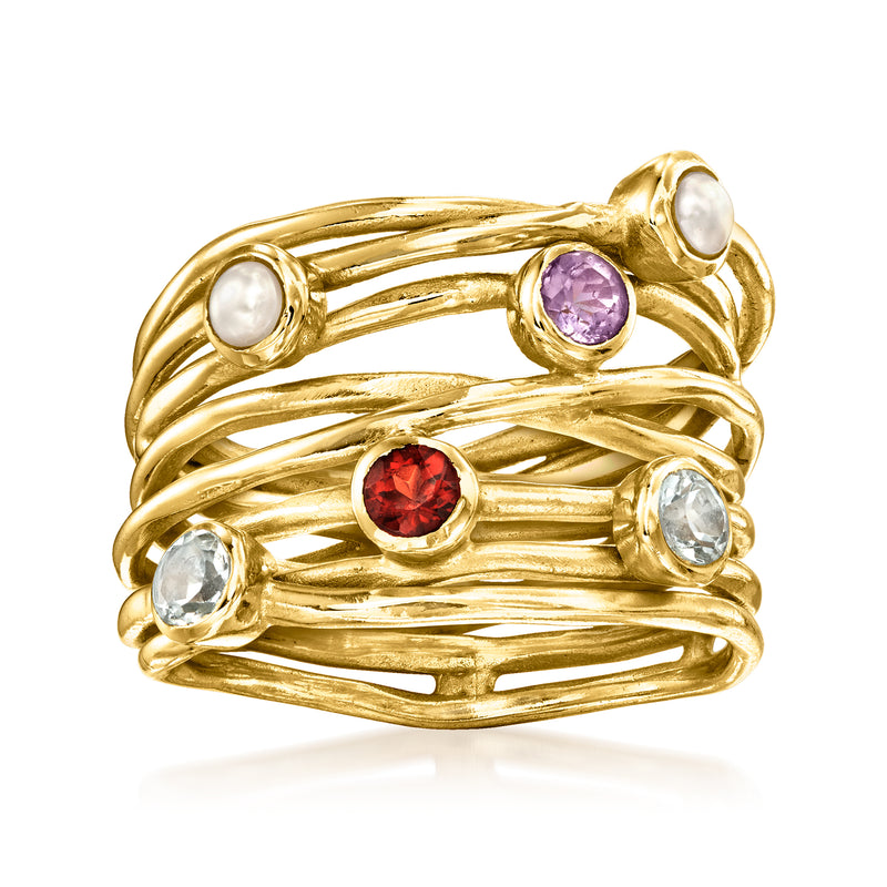 Gold braided highway ring with cultured pearls and red, purple, clear gemstones