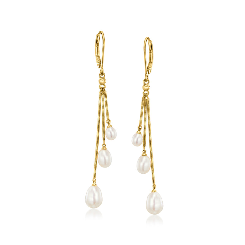 Cultured pearl drop earrings with 18kt gold over sterling and leverback, triple white pearls