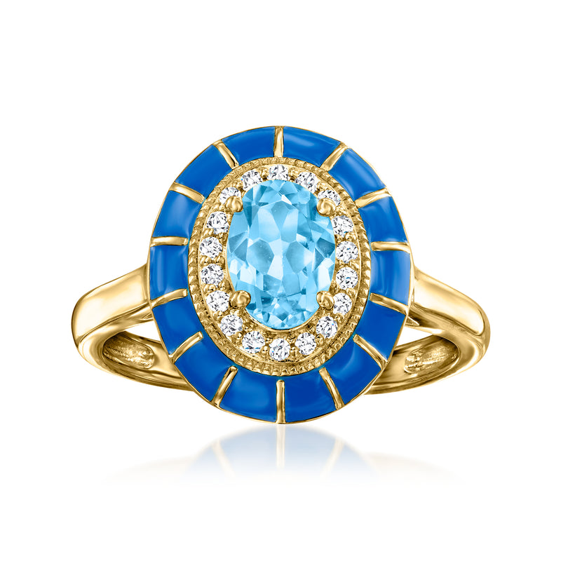 18kt gold over sterling ring with oval blue topaz, diamond halo, blue enamel rays