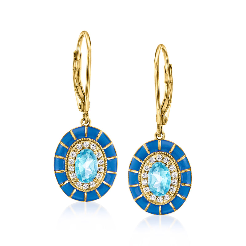 Gold-tone drop leverback earrings with blue enamel oval frame, light-blue topaz center