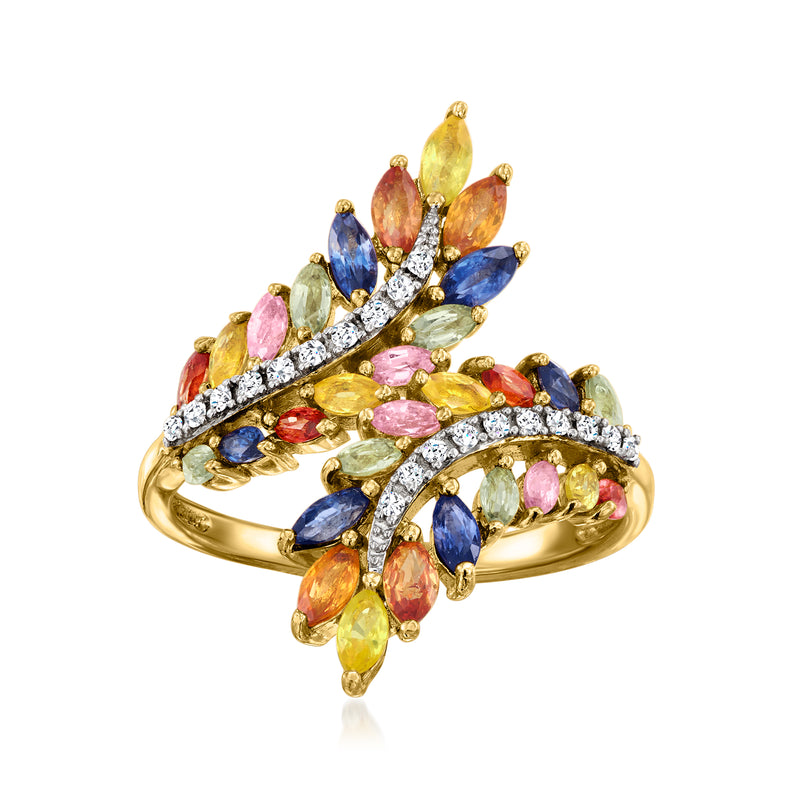 Gold ring with multicolored sapphire-style stones and sparkling diamond accents, floral cluster