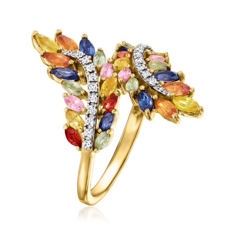 Gold multicolor gemstone ring with diamond halo-style bands and marquise accents, side view