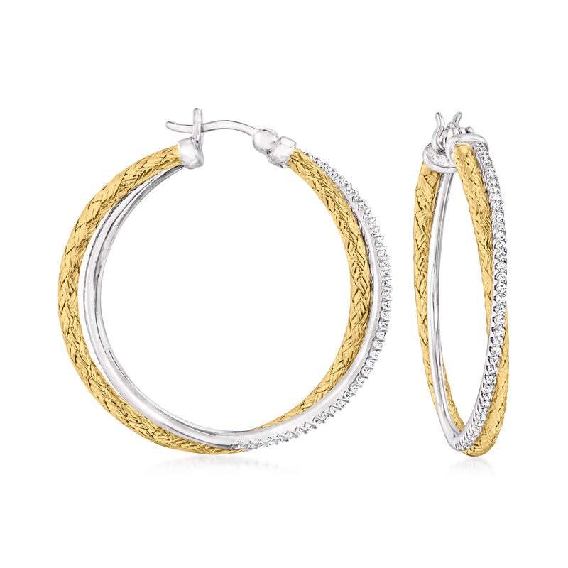 Two-tone sterling silver double-hoop CZ hoop earrings, gold and silver with sparkle trim.