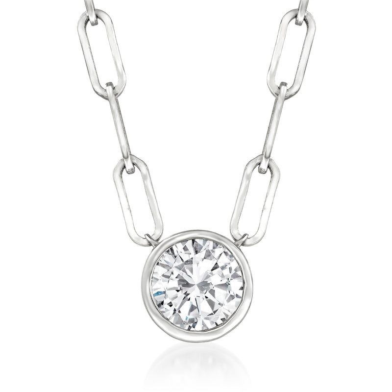 14kt white gold paper clip link necklace with round bezel-set diamond solitaire