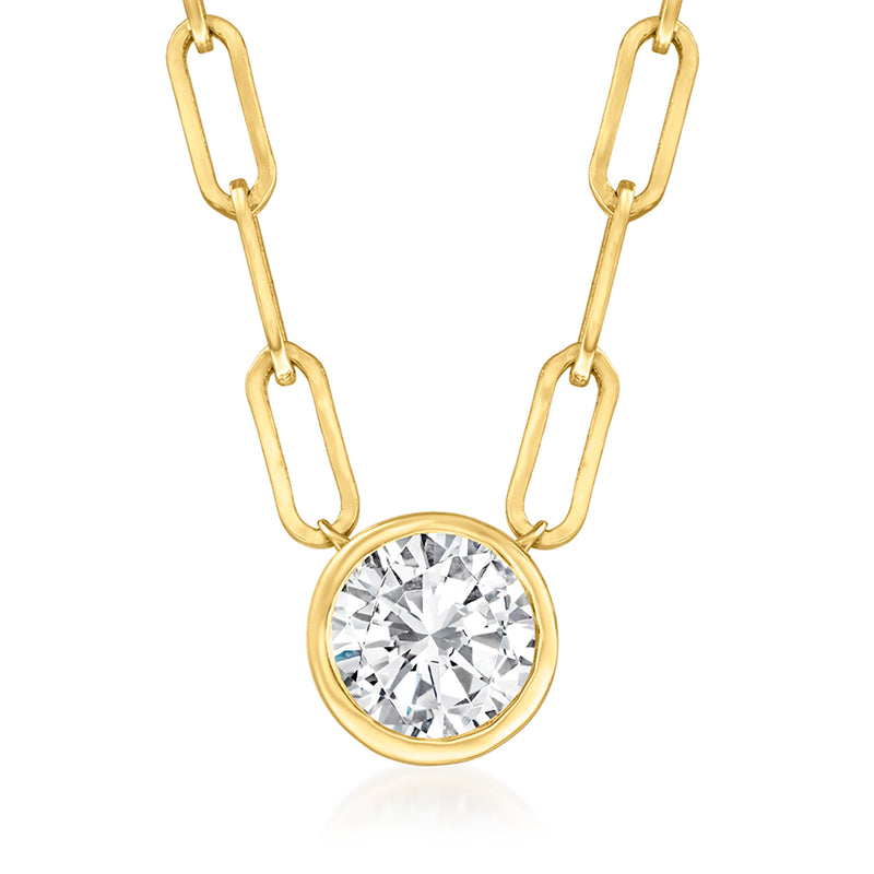 14kt yellow gold paper clip link necklace with round bezel-set diamond pendant