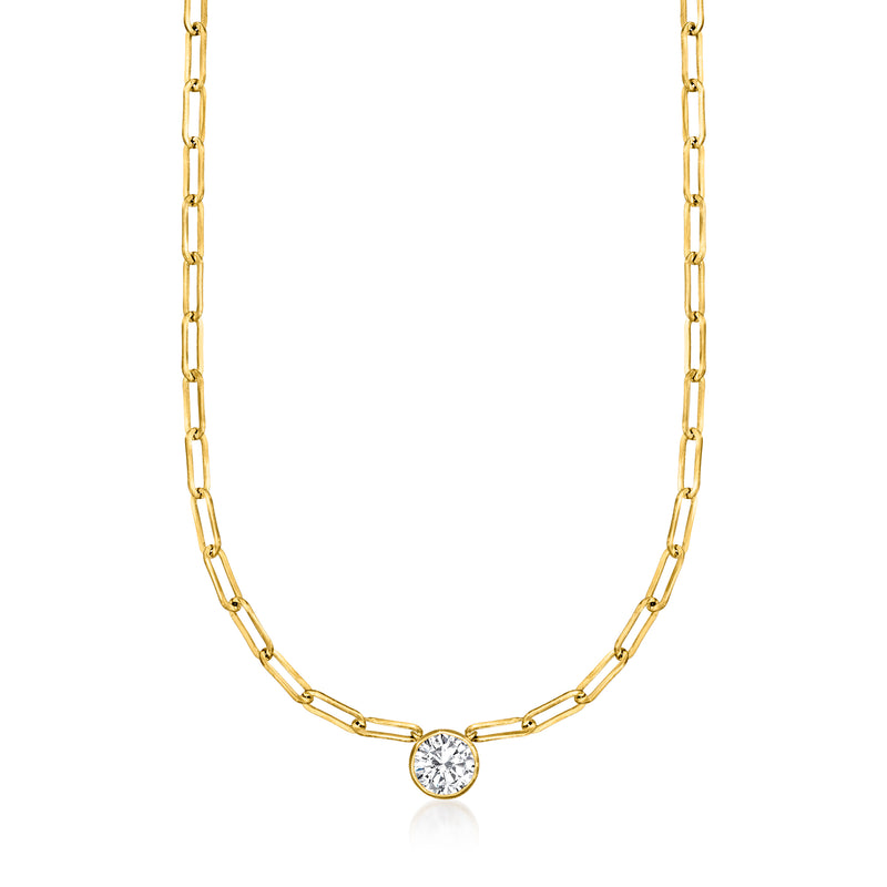 14kt yellow gold paper clip chain necklace with round diamond solitaire pendant, front