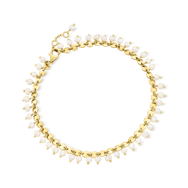 18kt gold over sterling anklet with 3.5mm cultured pearls, flexible bead-like links