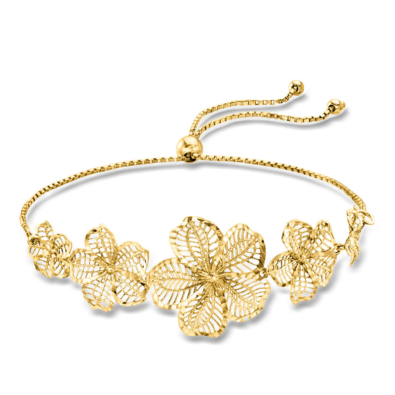 Gold-tone bolo bracelet with openwork flower links and round clasp