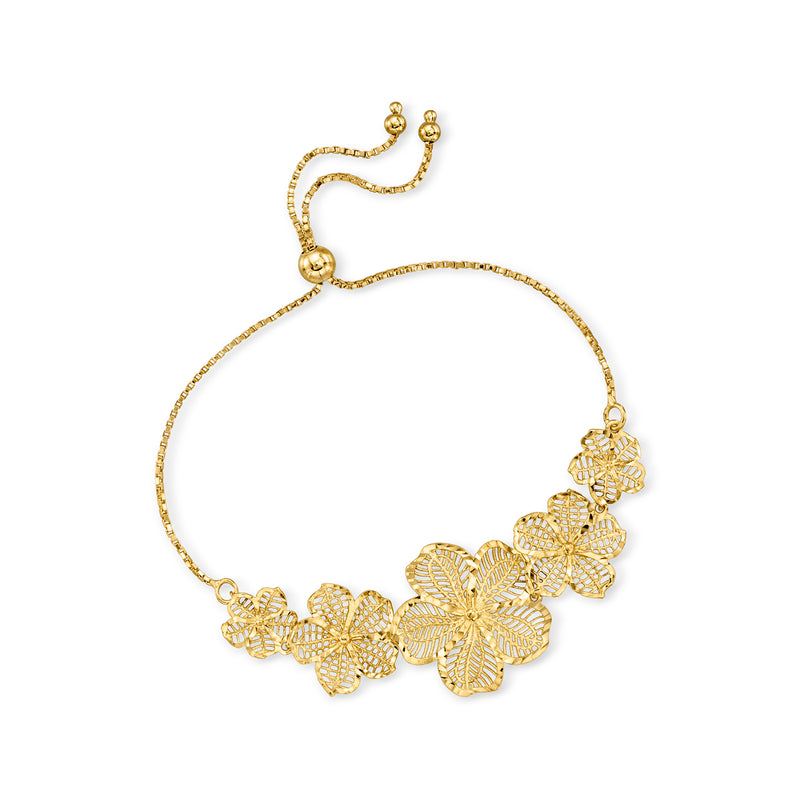 Gold-tone bolo bracelet with stacked openwork flowers and adjustable cord