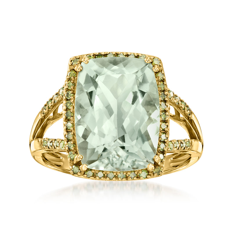 14kt yellow gold prasiolite ring with light green gemstone and diamond halo