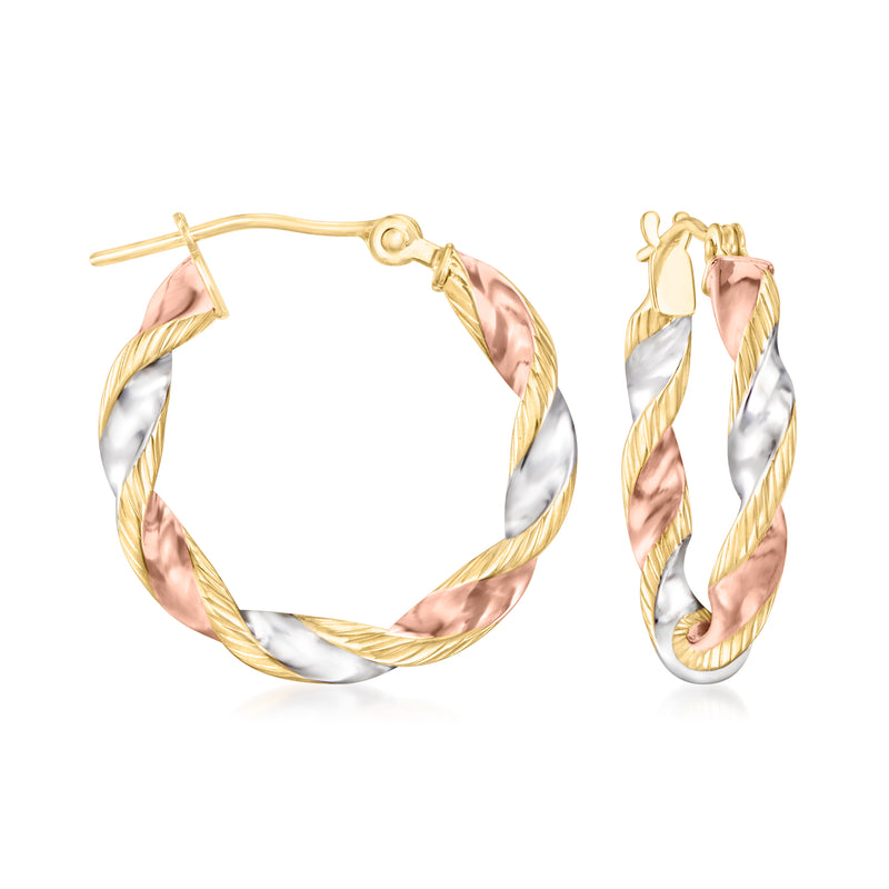 Tri-colored gold twisted hoop earrings, twisted ribbon design, hinged back