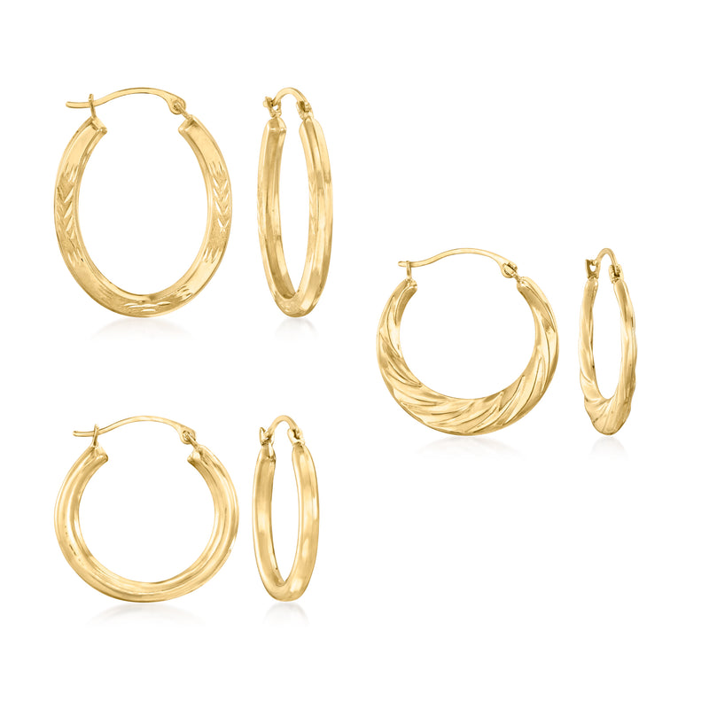 14kt yellow gold hoop earring set, three pairs, hinged hoops