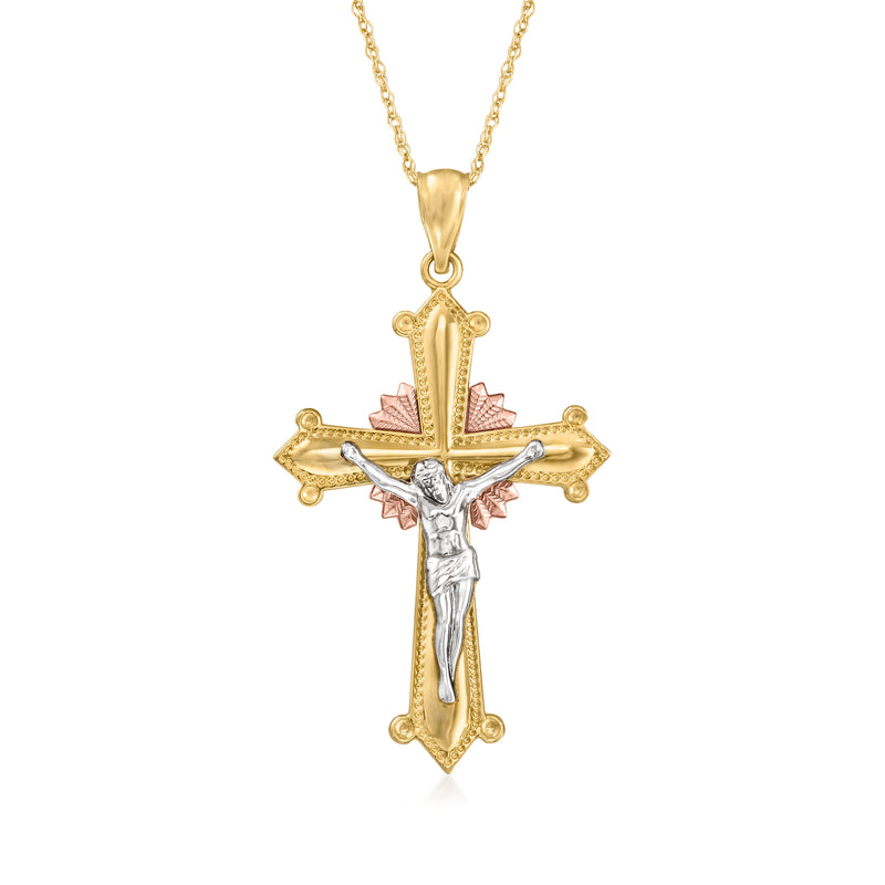 Tri-colored 14kt gold crucifix pendant necklace with enamel accents and gold chain