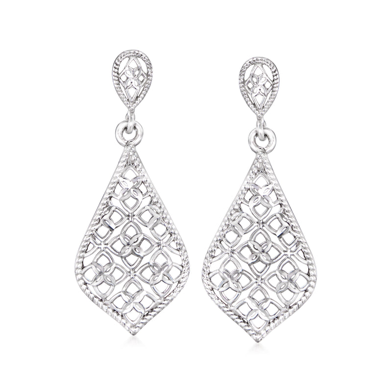 14kt white gold openwork teardrop drop earrings with diamond-cut detailing and dangling loops
