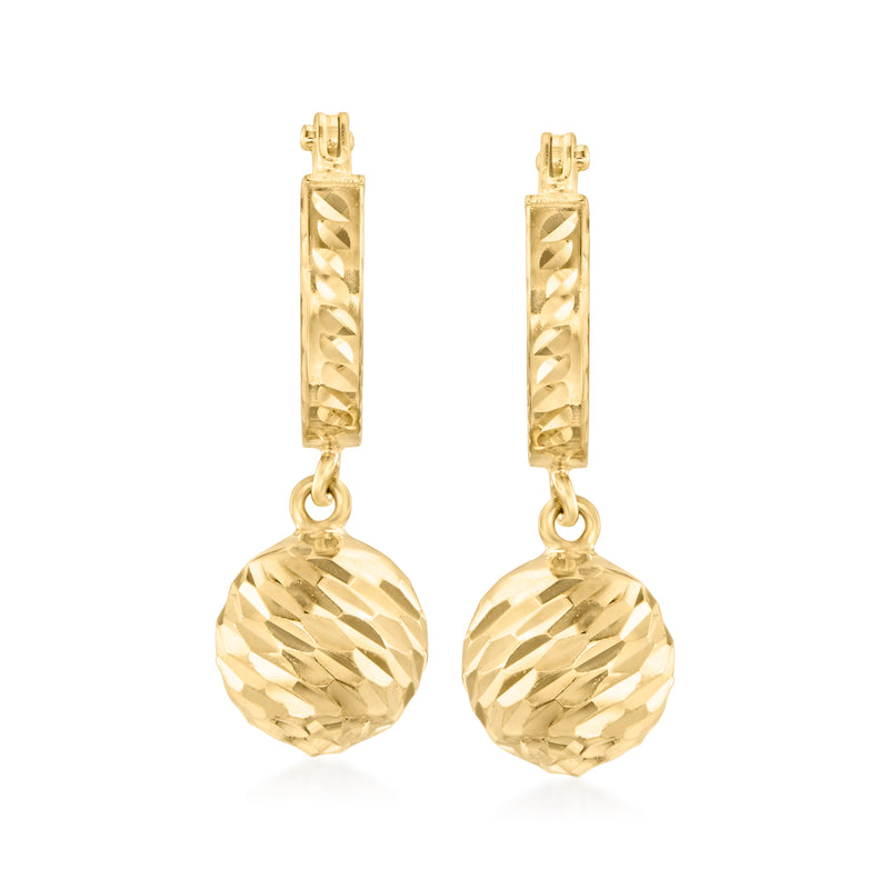 14kt yellow gold diamond-cut hoop drop earrings with round dangling discs