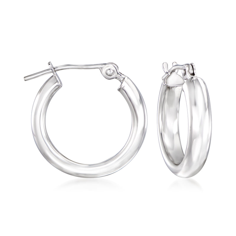 14kt white gold hoop earrings with hinged clasp, smooth round profile