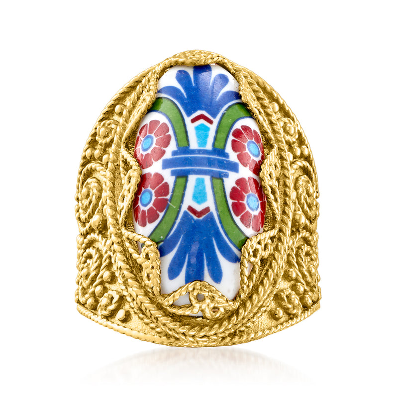 18kt gold over sterling dome ring with multicolor ceramic insert and braided bezel