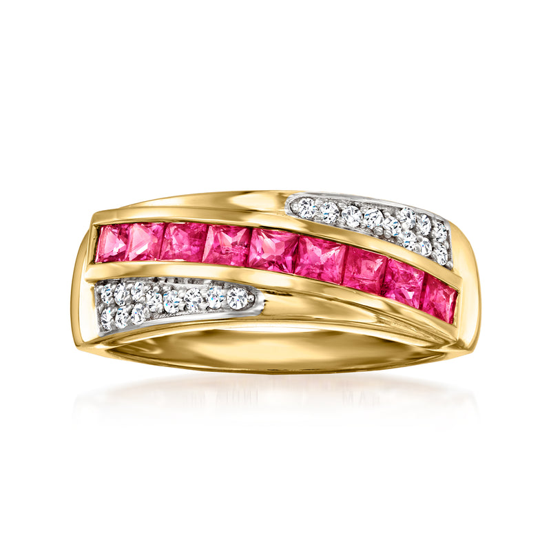 14kt yellow gold ring with pink sapphire row and diamond accents across the top