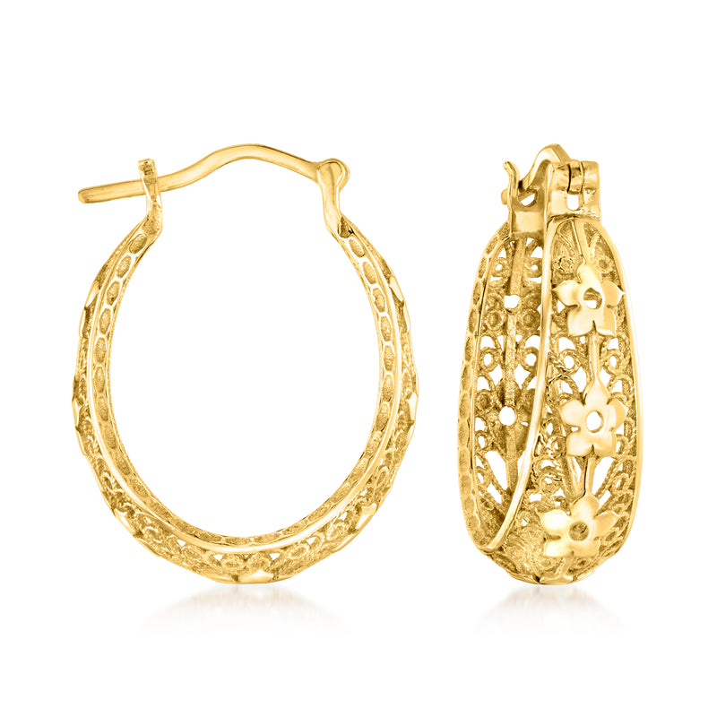 Gold-tone hoop earrings with floral filigree and textured oval design, hinged back