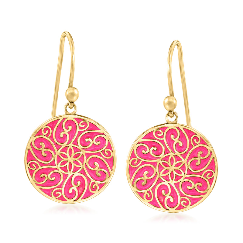 Pink enamel filigree round drop earrings with gold over sterling earwires