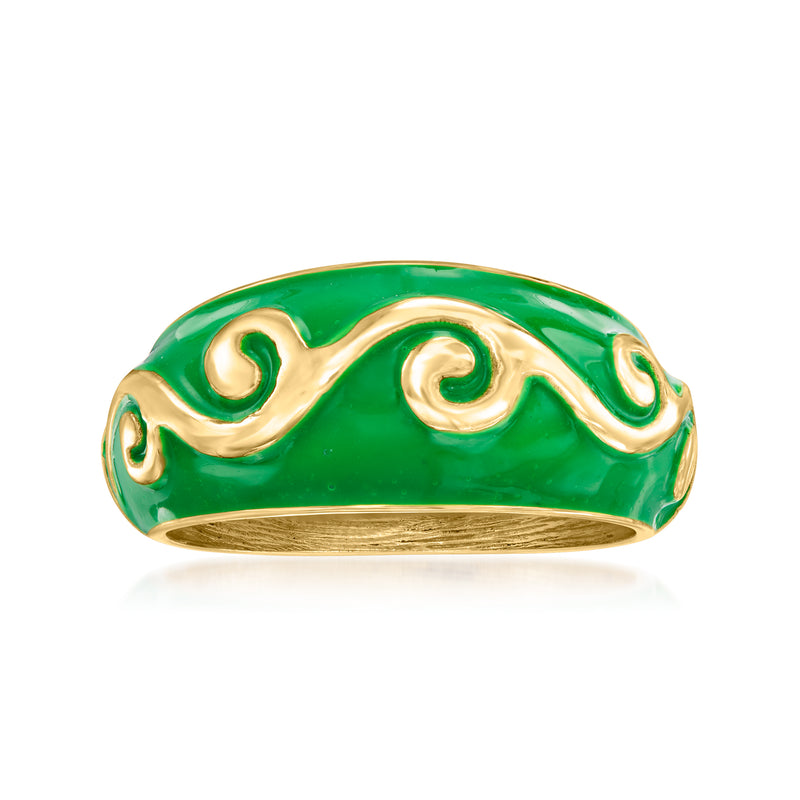 Green enamel scroll ring with gold-toned swirl design on the band