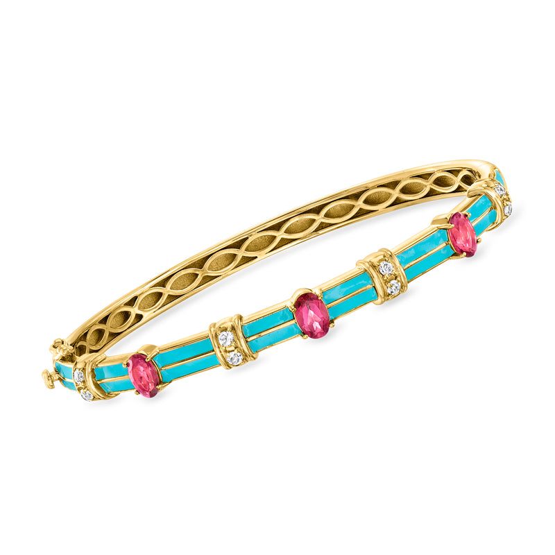 Gold over sterling bangle bracelet with blue enamel bars, pink stones, and clear accents