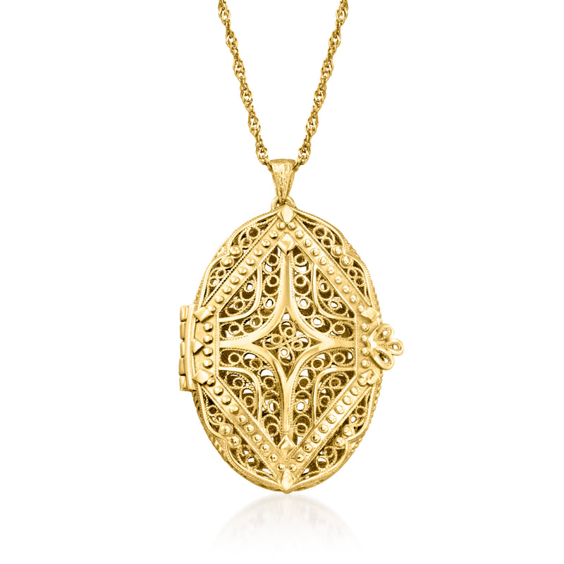 Gold filigree oval locket pendant with hinged clasp and chain