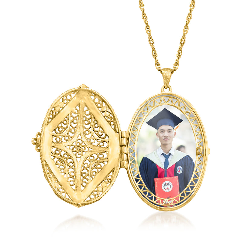 Gold filigree oval locket pendant with photo window, open view on chain