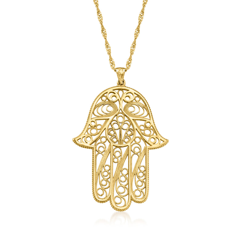 Gold over sterling filigree Hamsa pendant necklace with openwork hand charm