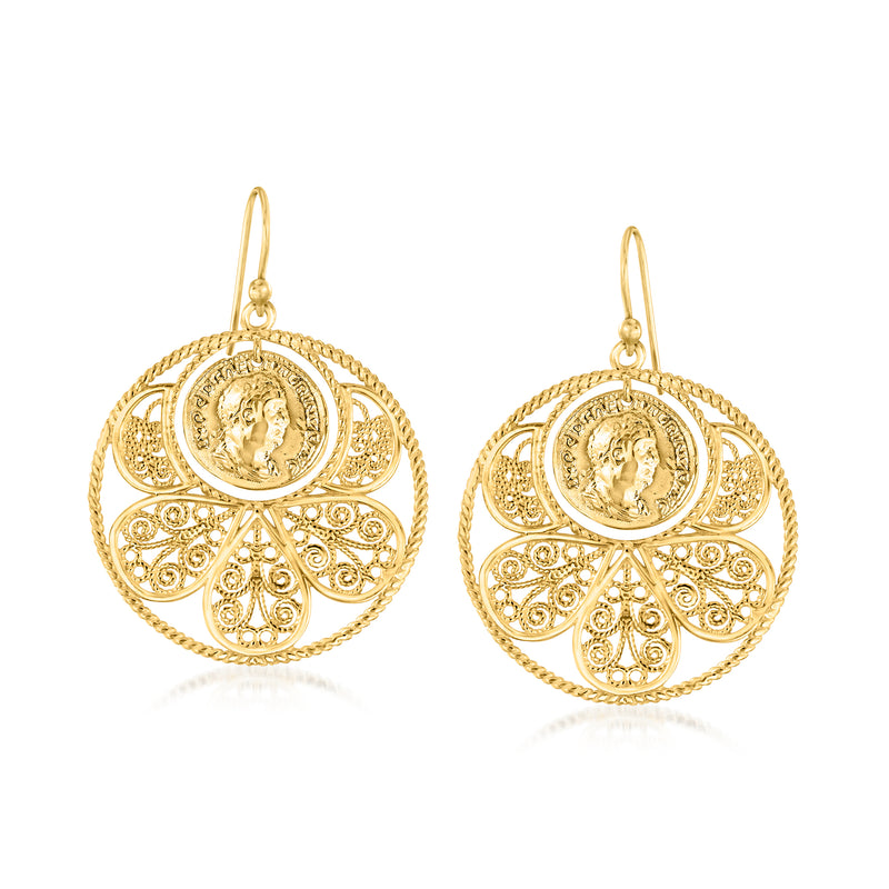 Gold coin-circle filigree drop earrings with portrait medallion and hoop detailing