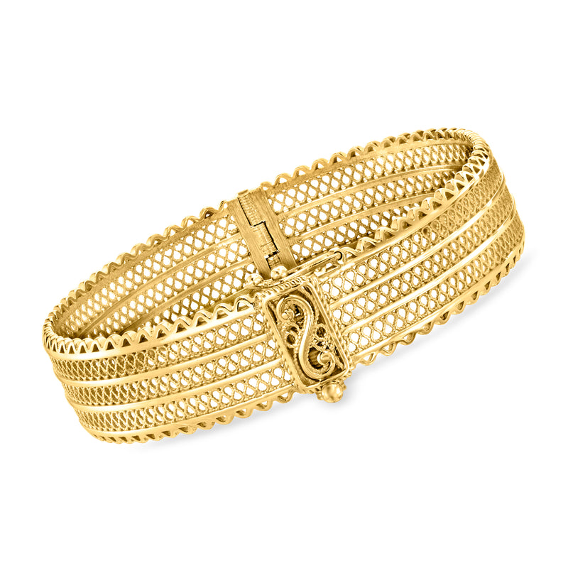 Gold over sterling filigree bangle bracelet, open lattice with hinged clasp