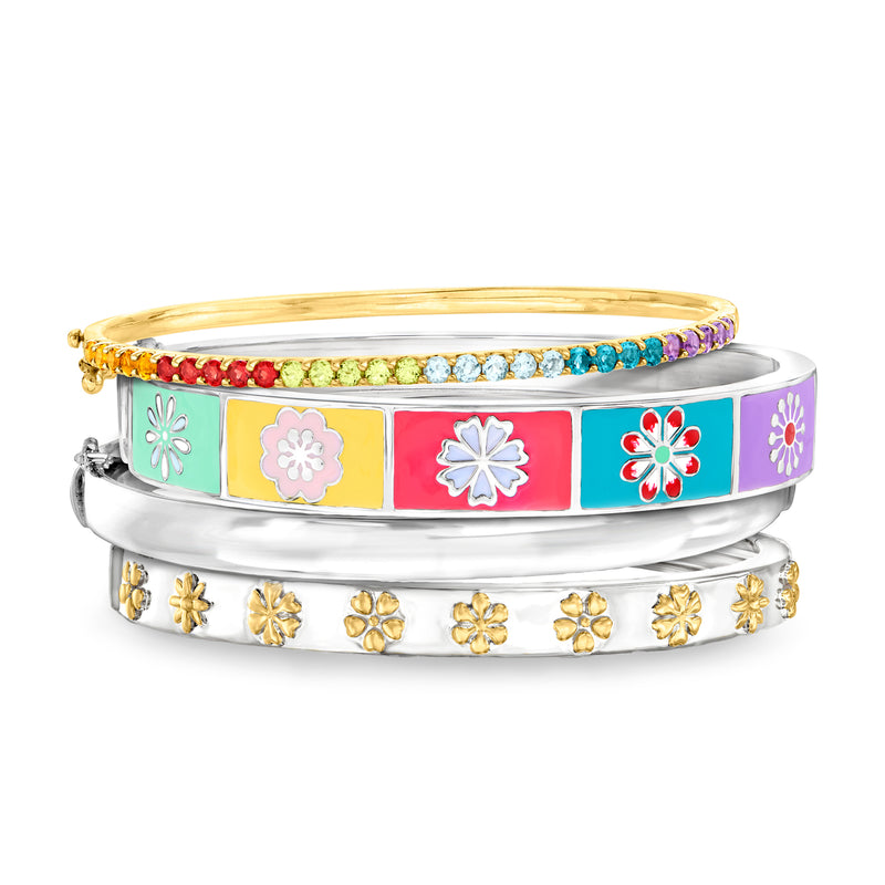 Two-tone sterling silver bangle set with colorful enamel flowers and crystal borders