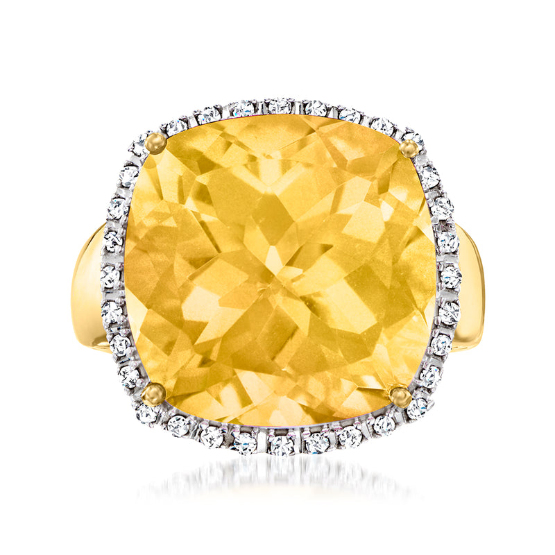14k yellow gold oval citrine ring with diamond halo and gold prong details