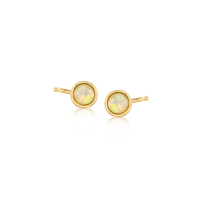 Opal stud earrings in 14kt yellow gold with round iridescent opal gemstones