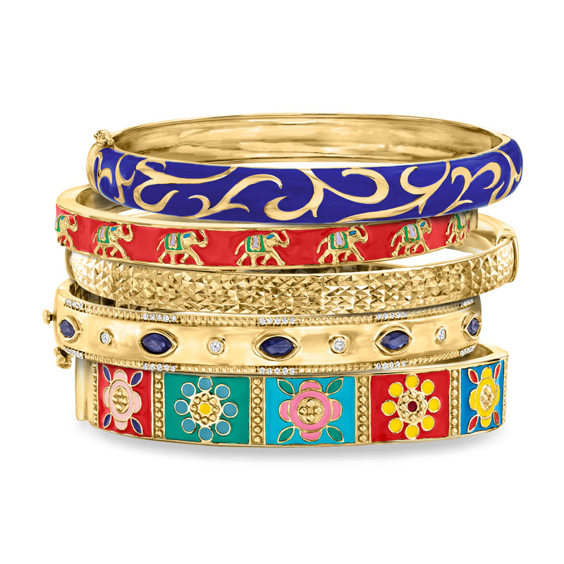 Set of five gold-tone bangles with colorful enamel in blue, red, and green accents