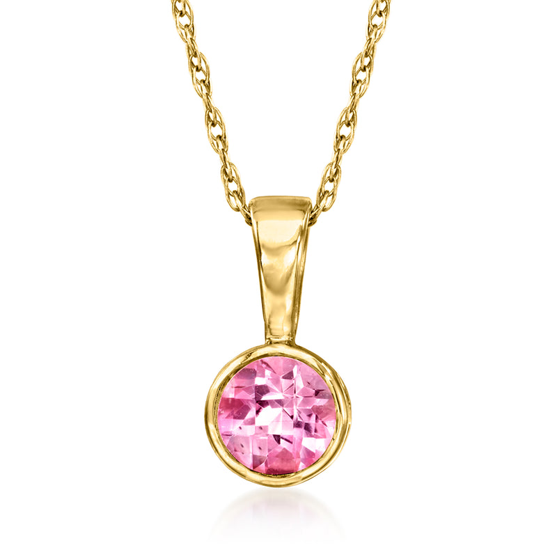 14kt yellow gold chain pendant with round pink topaz gemstone in bezel setting