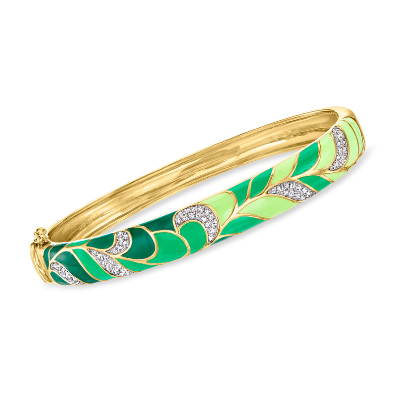 18kt gold over sterling bangle bracelet with green enamel and white stone accents