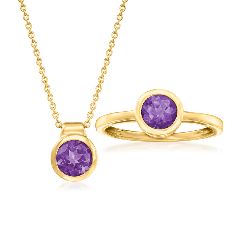 18kt gold over sterling jewelry set with round amethyst pendant and matching ring