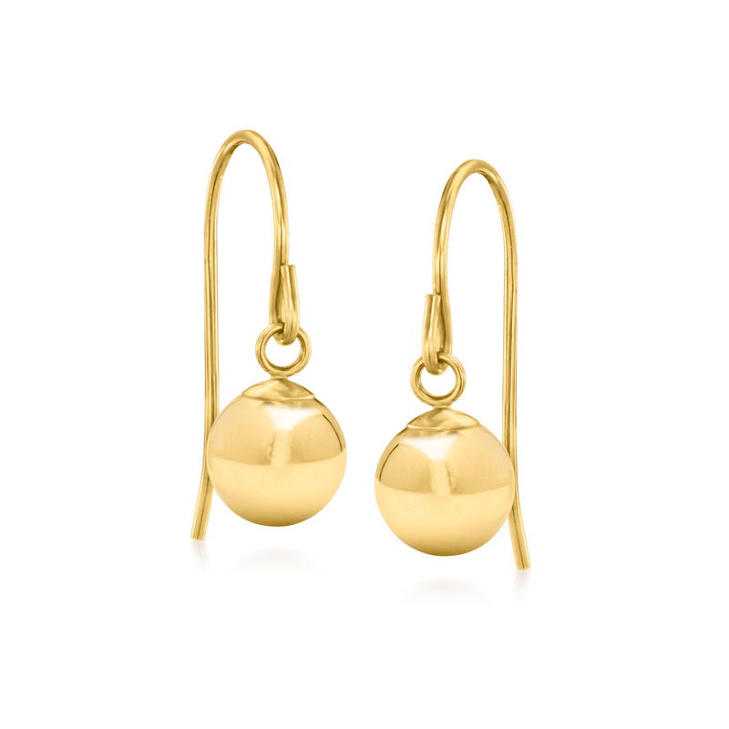 Yellow gold ball drop earrings with hinged earwire, spherical dangle