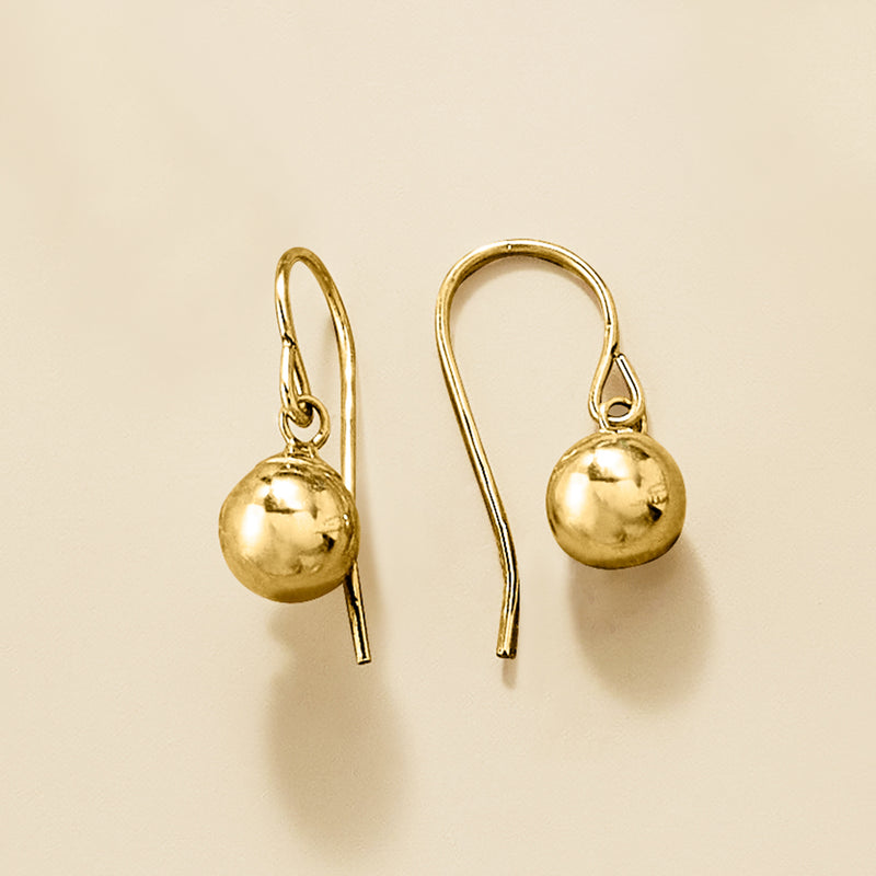 Yellow gold ball drop earrings with open lever backs and spherical charms