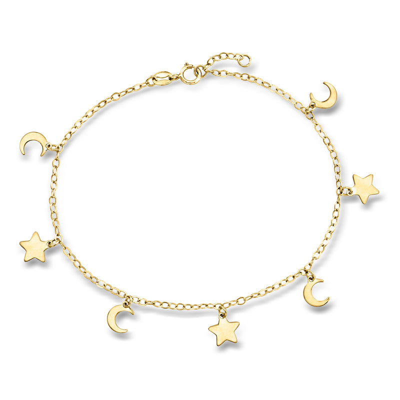 14kt yellow gold moon and stars bracelet with linked chain and small charm accents